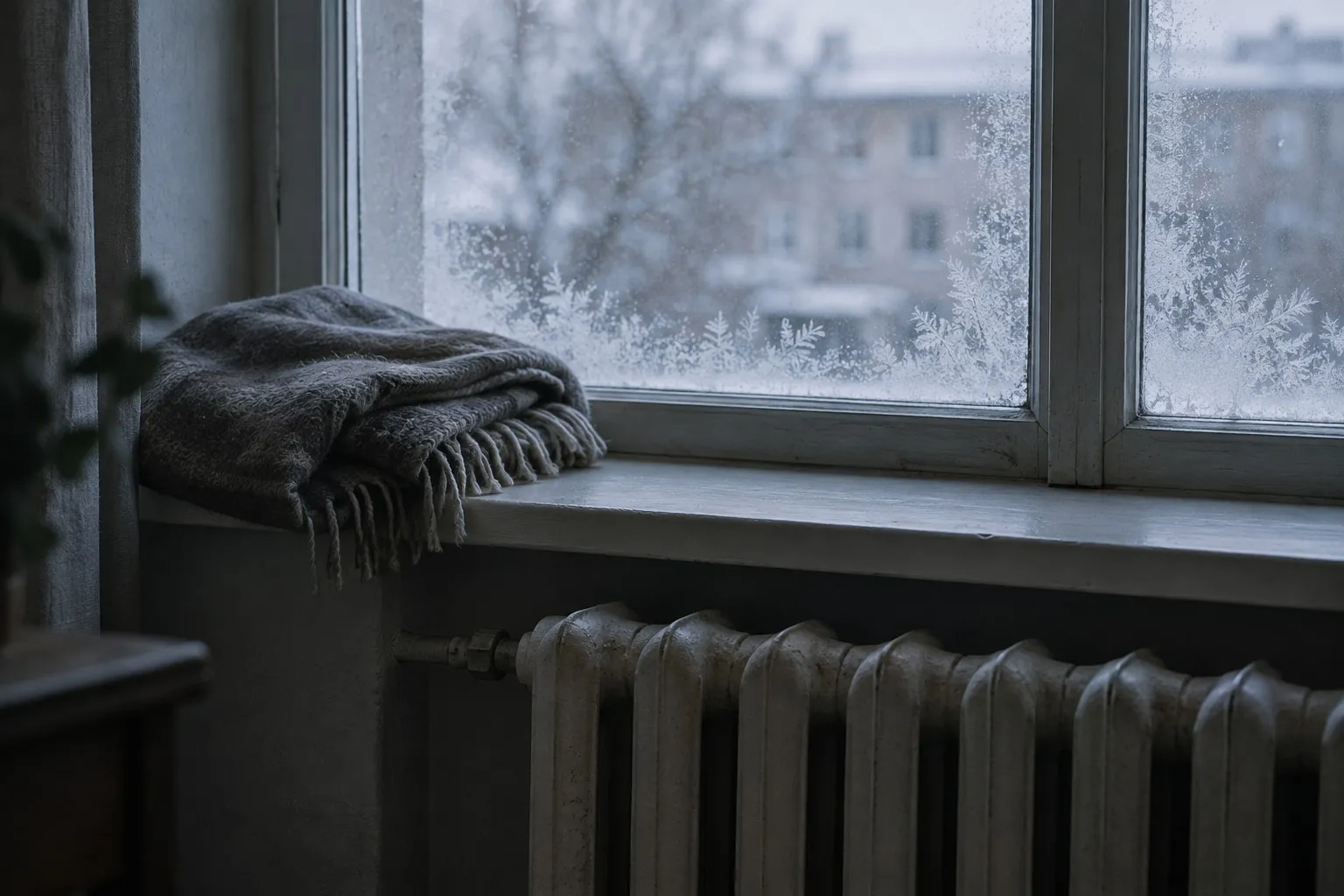 Холодная батарея под окном зимой